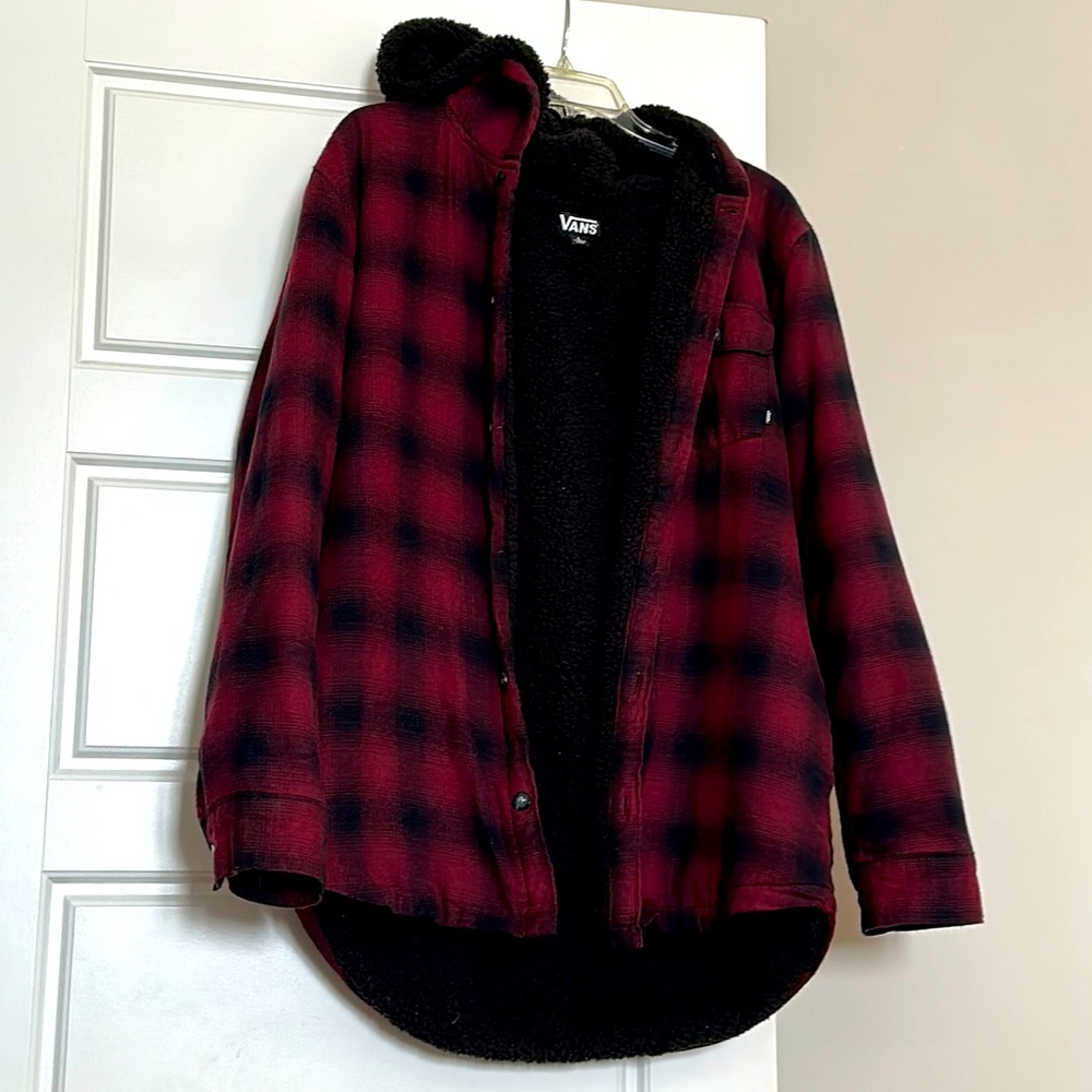 Men’s red and black flannel jacket. Sherpa lined.